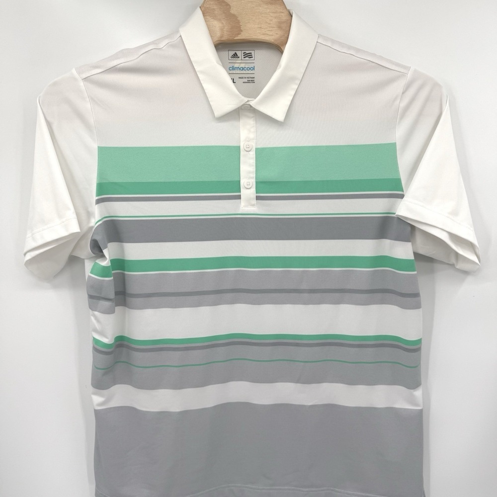 Adidas Golf Polo Men XL White Green Grey Striped Climacool Short Sleeve Shirt
